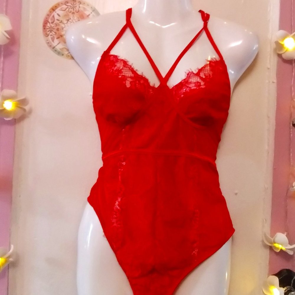 Racy Red (M) Floral Lace and Sheer Teddie